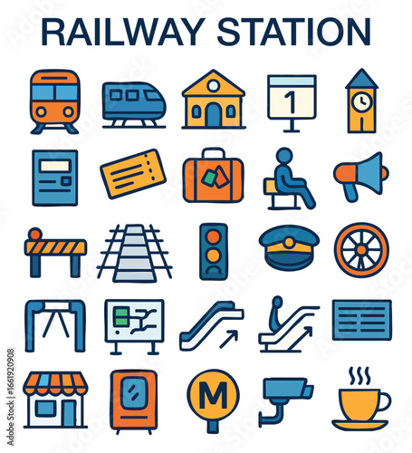 Railway Station Icons – Public Transport, Train Travel & Transit Facilities Vector Set
