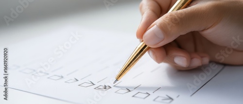 The hand holding a pen completing a checklist on a clean workspace.