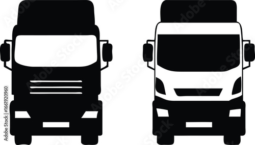 Two Stylized SemiTruck Front View Icons, Black and White Trucking Illustration Design