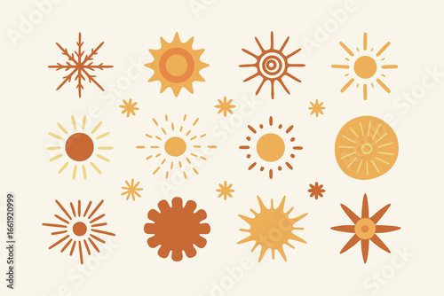Variety of HandDrawn Sun and Snowflake Shapes in Warm, Muted Tones Illustration