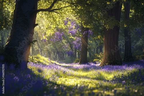 In the spring, Hallerbos forest is filled with bluebells and green trees, located in Halle, near Bruxelles, Belgium