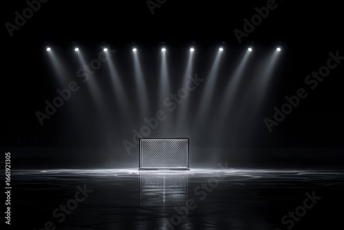 Hockey goal on ice rink illuminated by overhead spotlights. High contrast scene with dark background.