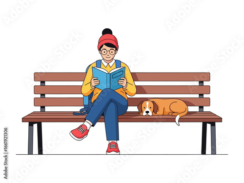 Reading with Buddy: A young reader and his loyal canine companion enjoy a moment of tranquility while sharing time together. The illustration encapsulates the essence of friendship, peace.