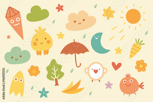Whimsical Baby Pattern With HandDrawn Clouds, Sun, Moon, Flowers, Umbrella and Cute Animal Characters