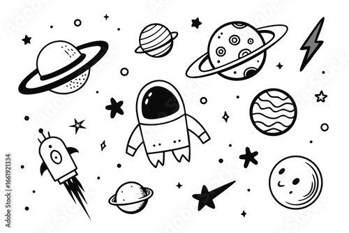 Whimsical Black and White Space Doodles with Astronaut, Planets, Stars, and Rocket Ship Clipart