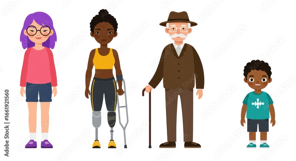 Fototapeta premium Diverse group of cartoon people on white background, full length view