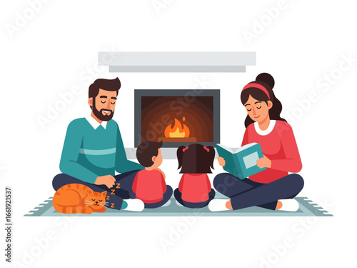 Cozy Family Moments: A family gathers around a fireplace, sharing stories, and creating a warm, loving environment, capturing a perfect moment of togetherness.