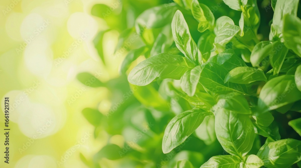 Basil leaves against a blurred green background. The herb concept of culinary and aromatic. The image emphasizes the freshness and natural appearance of the plant.
