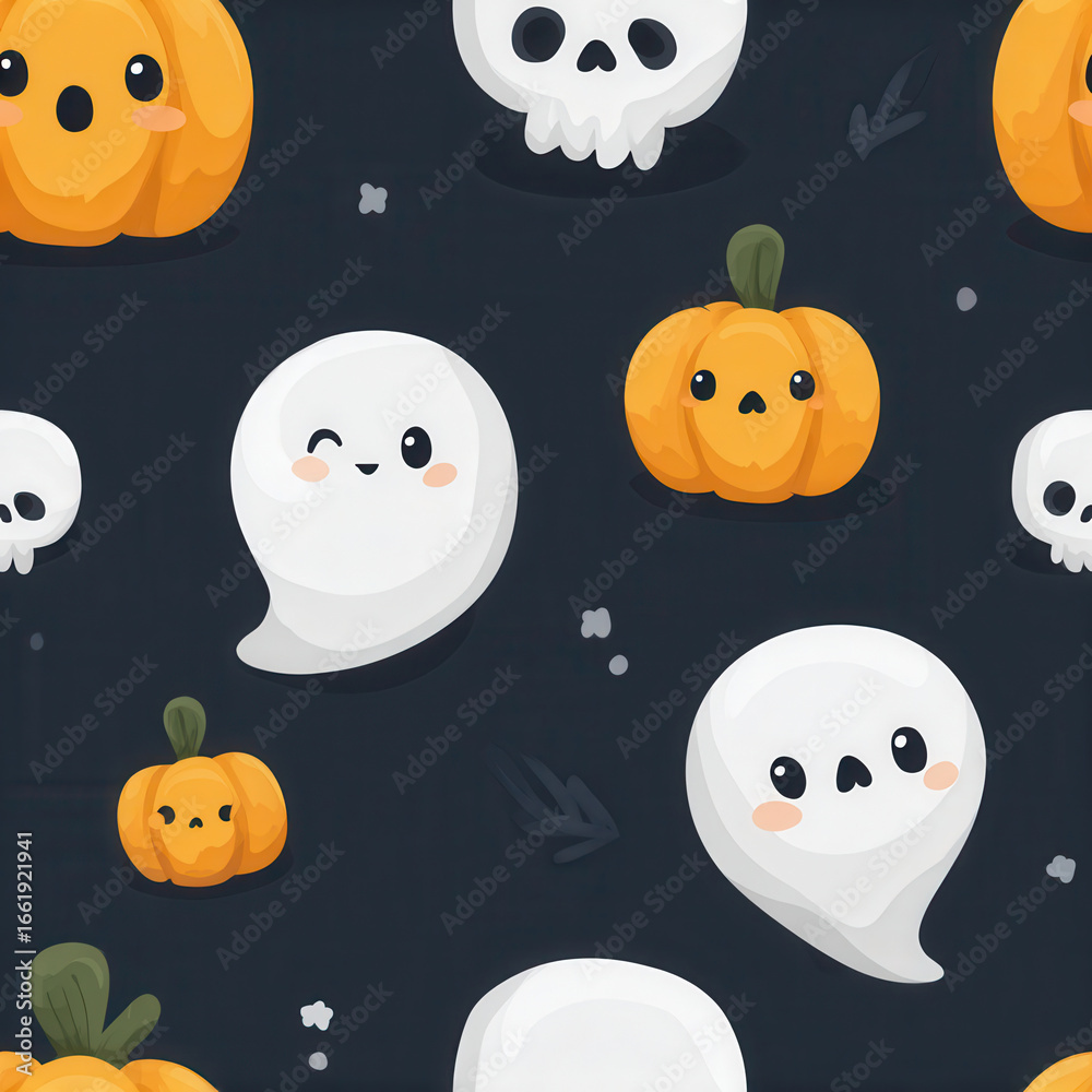 Fototapeta premium Spooky seamless halloween pattern of ghosts pumpkins skulls and bats in a whimsical atmosphere