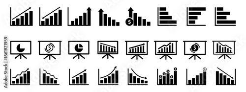 Business graphs and charts icons. Chart and diagram Icon.  Business statistics and analytics, charts diagrams, money, down or up arrow. Vector illustration