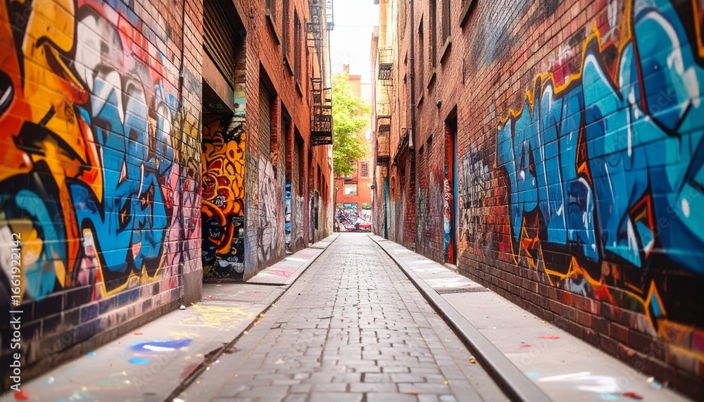 Fototapeta premium High-quality, professional marketing-style photograph of a narrow urban alley with graffiti and textures, shot with a 50mm lens, eye-level angle, minimalist composition with clear focal point, soft am