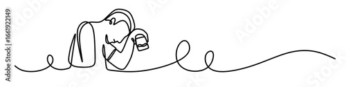 continuous line art of a man who is drunk and depressed because of his problem with the wine in his hand.