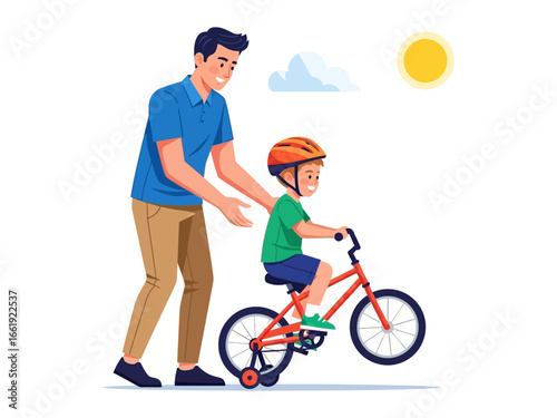 Learning to Ride: A father guides his son as he learns to ride a bike on a sunny day, fostering confidence, independence, and bonding, symbolising a step towards adulthood.