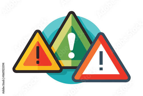 Vector illustrations of  triangular warning signs for high voltage, traffic, and other road hazards