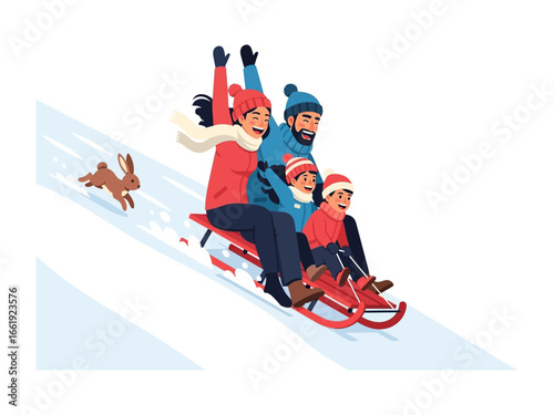 Joyful Winter Adventure: A family's cheerful laughter echoes through the crisp air as they glide down a snow-covered slope on a sled. A whimsical rabbit races alongside.