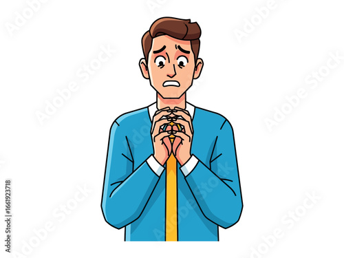 Anxious expression: A stylized depiction of a person gripped by anxiety. His clasped hands and worried expression suggest a moment of intense emotional distress.
