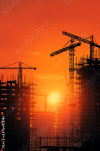Construction cranes silhouettes against a vibrant sunset, symbolizing urban development and infrastructure.