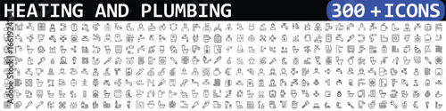 Heating and plumbing line icon set. Plumber, pipe, boiler, tap, meter, toilet, heated floor, gas wrench and more. Outline vector icon in linear style.