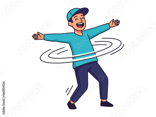Spinning Joy: A playful illustration of a cheerful person joyfully spinning with arms outstretched, evoking feelings of happiness and freedom.