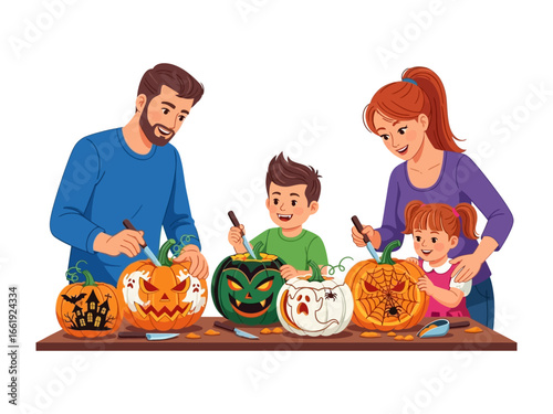Family Halloween Pumpkin Carving: A joyful family comes together, carving pumpkins, showcasing the spirit of autumn with creative and spooky designs.