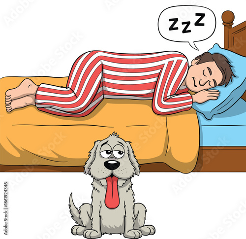 Cartoon man sleeping peacefully in red striped pajamas on cozy bed, happy dog sitting nearby with tongue out, relaxing nighttime illustration