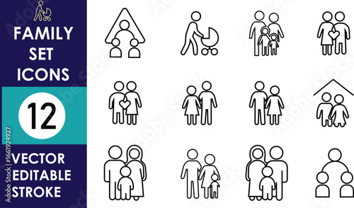 The image shows a collection of 12 family icons, featuring parents, children, home, love, care, unity, relationships, support, and togetherness in simple vector style
