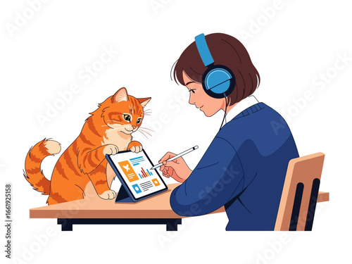 Harmony of Creativity and Companionship: A woman, engrossed in digital art with a stylus on a tablet, shares a moment of connection with her tabby cat. Set against a clean backdrop.
