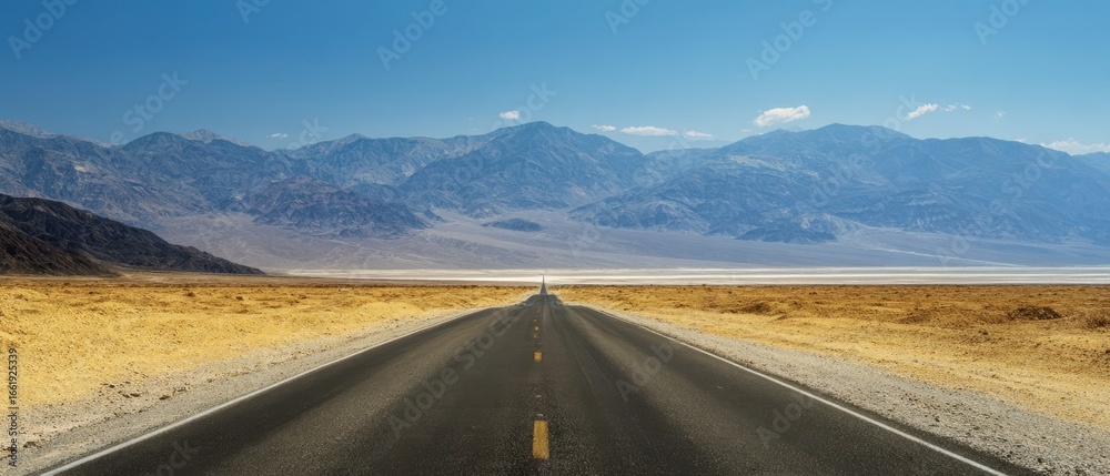 Naklejka premium The road stretching through the breathtaking desert landscape under a clear blue sky.