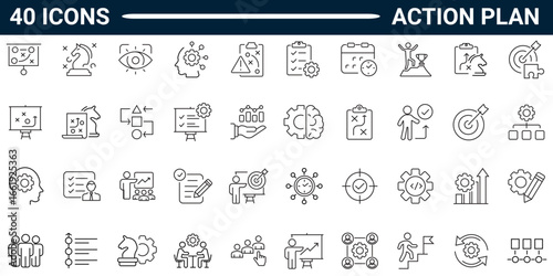 Set of 40 outline icons related to action plan. Linear icon collection. Editable stroke. Vector illustration. Pictograms and infographics for mobile apps. 
