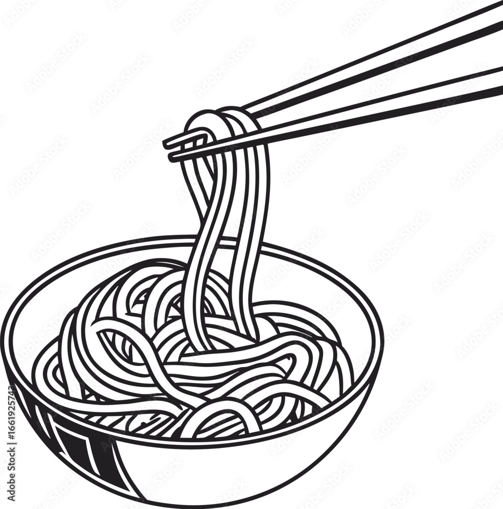 Naklejka premium Asian Noodles Line Art Minimalist Black and White Digital Illustration