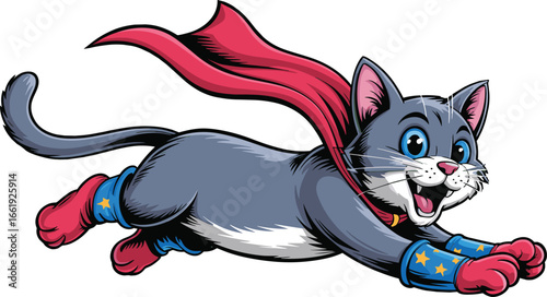 Cute superhero cat flying with red cape, cartoon style vector illustration, fun feline mascot character perfect for children’s designs, logo, animation projects