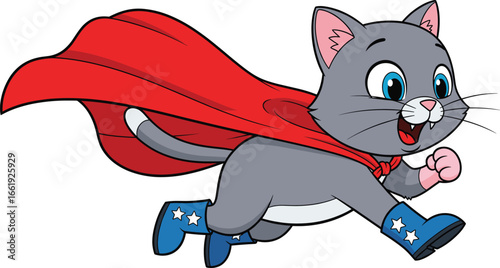 Cute superhero cat in cape and boots, cartoon animal character running with happy expression, perfect for kids comics, fun illustrations, or animation