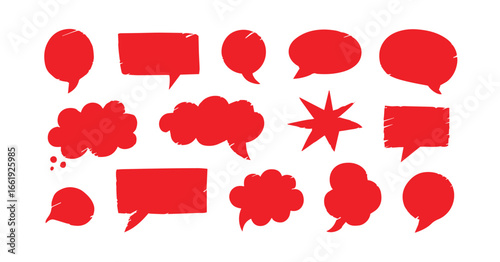 Assorted red speech bubbles and starburst shapes show diverse communication styles on a white background