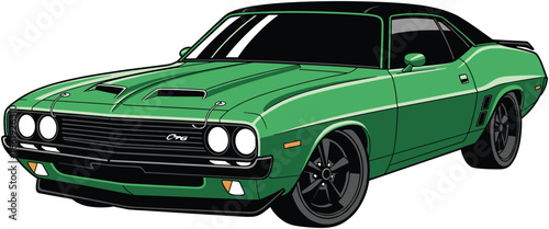 Green muscle car illustration, classic American vehicle, retro style, aggressive design, powerful engine, perfect for automotive art, posters, vector graphic collectors