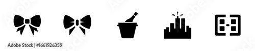 Icons bows champagne bottle in ice bucket fireworks ribbon gift