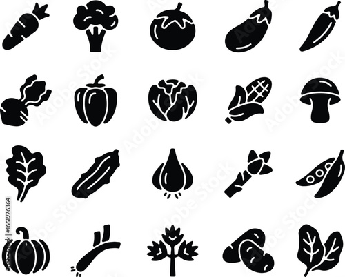 A colorful vector illustration of a fresh vegetable and fruit icon set