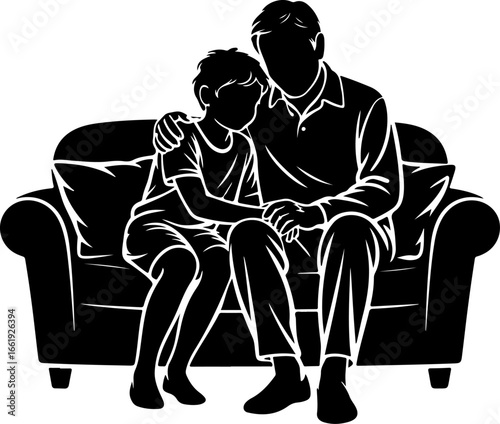 A warm silhouette of a grandparent and grandchild sitting closely together on a couch or sofa