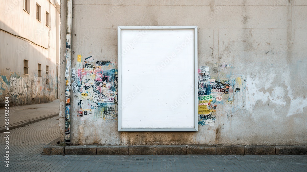 Naklejka premium Stunning photo of blank white poster mockup with urban street art sticker frame on textured wall backdrop.