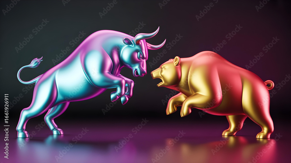 Obraz premium A 3D Bull vs Bear concept. A powerful metallic bull and bear clashing. Symbol of the crypto market's volatility.