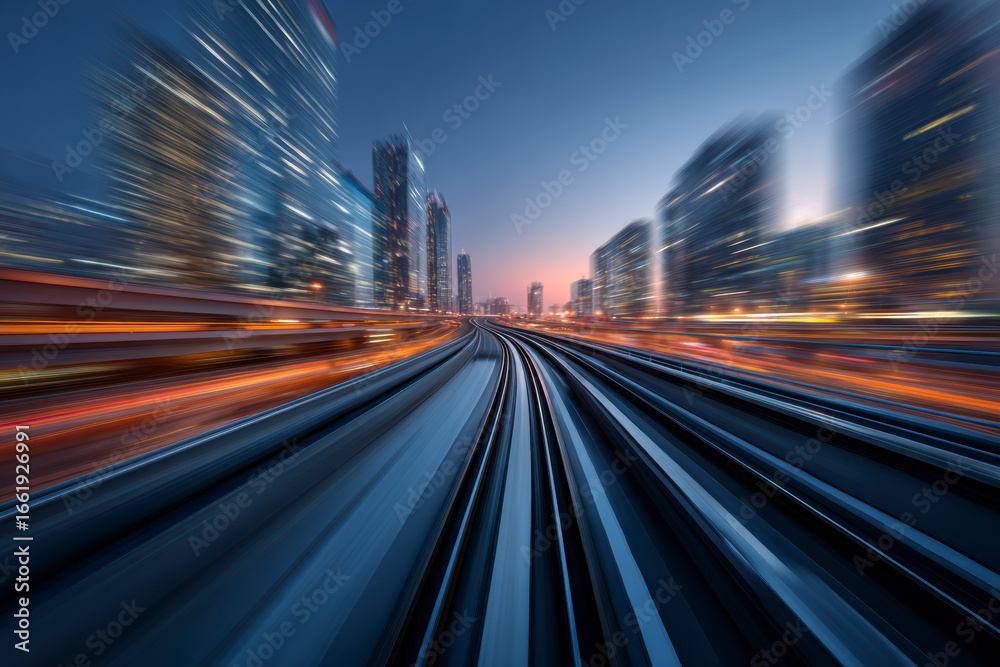 Fototapeta premium High-speed urban transportation moving through a city at night, blurred for dramatic effect.