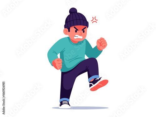  Furious Run: A vividly illustrated young man with a boiling rage takes a determined stride forward, capturing a moment of intense anger and frustration.