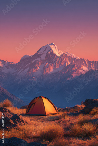 Mountain campsite glows under twilight sky, tent pitched for adventure in alpine scenery.