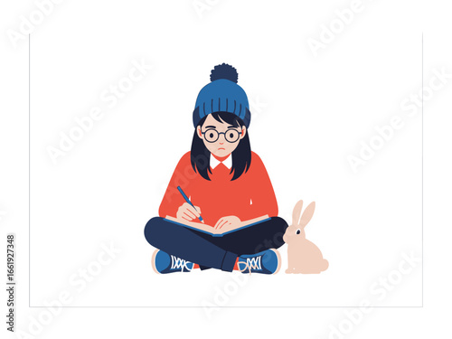 Creative Mind at Work: A young woman, absorbed in her craft, sits with her legs crossed and holds a pen above an open book, accompanied by a friendly rabbit, against a clean backdrop.