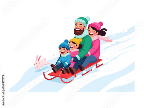 Family Winter Fun on Sleigh: A happy family enjoys a joyful sleigh ride in the snow, experiencing a cheerful winter scene while having fun.