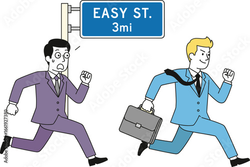 Two businessmen running fast with briefcase, one anxious and one confident, chasing success, corporate race illustration, competition, office work vector concept