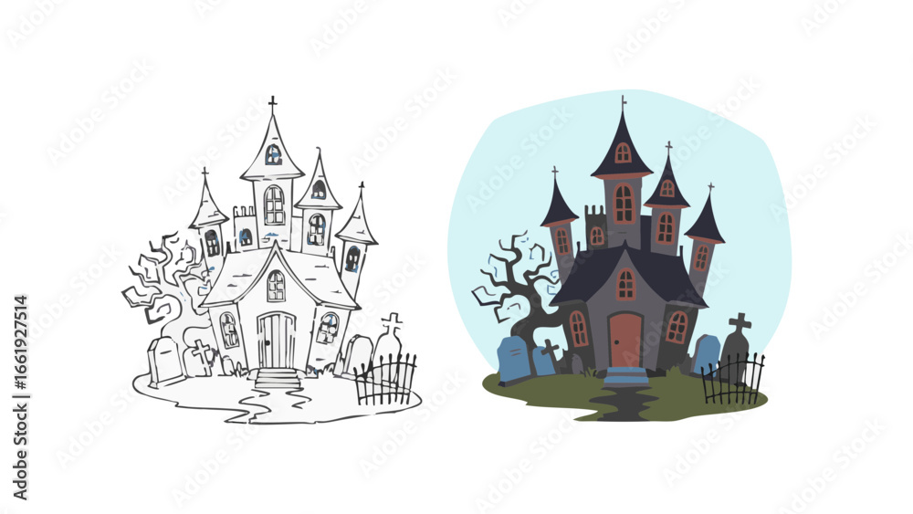 Obraz premium Illustration depicting a spooky haunted house with a black and white sketch version alongside it