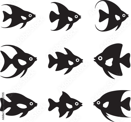Black fish silhouettes white aquatic