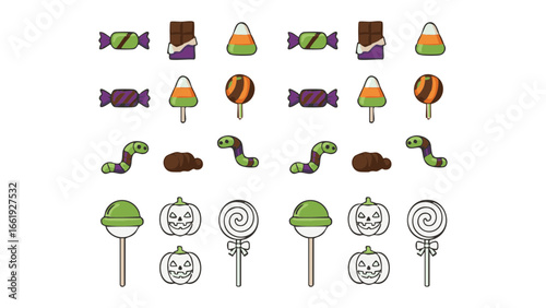 Assorted halloween candies including lollipops chocolate and worms arranged in a pattern design here