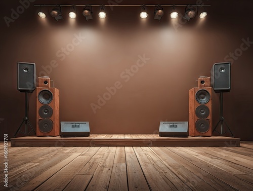 A small, dimly lit wooden stage with two large wooden speaker systems flanking a blank brown wall, illuminated by overhead spotlights