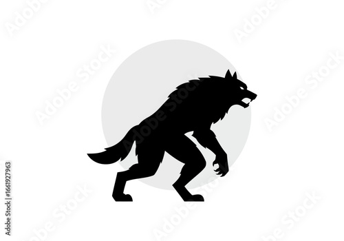 A black silhouette of a werewolf stands against a light gray full moon